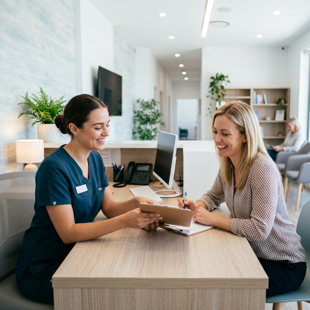 Helpful dental office administrator assisting with affordable care options